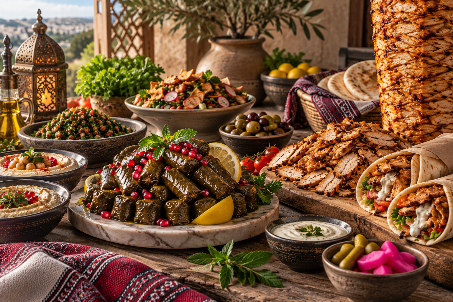 Lebanese cuisine — mezze, vine leaves and shawarma spread