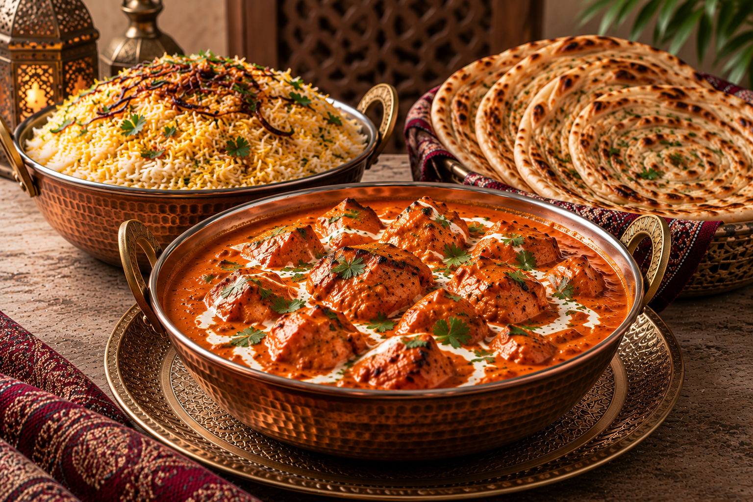 Indian cuisine — butter chicken with rice and bread